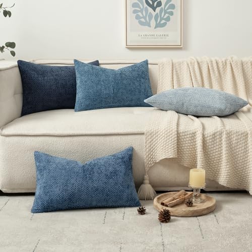 Image of MIULEE Pack of 4 Couch Throw Pillow Covers 12x20 Inch Neutral Blue Soft Decorative Chenille Pillow Covers Farmhouse Accent Cushion Covers for Boho Western Spring Coastal Decor Sofa Bed Living Room
