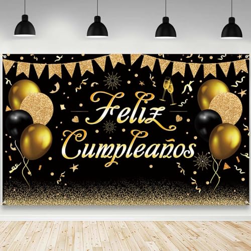Toile de fond Happy Birthday noire et dorée pour sublimer vos photos de fête d'anniversaire