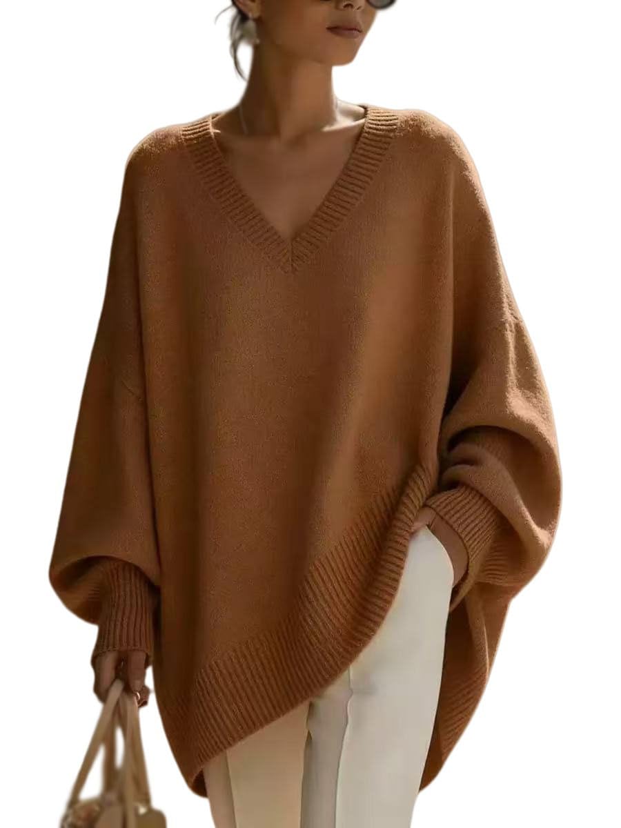 Sweter damski Oversize dzianinowy dekolt w serek z długim rękawem, Brązowy, 4XL | Miękki sweter z dzianiny z dekoltem w serek, luźny krój i długie rękawy do swobodnych strojów, wygodny i stylowy.