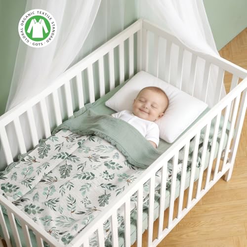 Image of Organic Baby Blanket Flounce Edge Large 50 inchx43 inch Leaf Sagegreen, 100% Cotton Muslin Soft Breathable Toddler Quilt Crib Blankets Gender Neutral for Baby Boys Girls Bassinet, Bed, Stroller & Snuggling