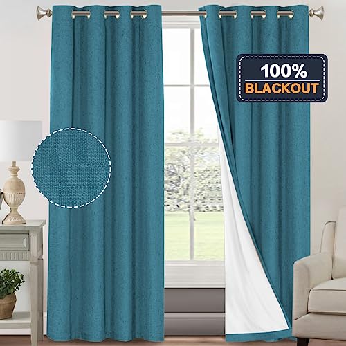 Image of PrinceDeco Blackout Curtains for Bedroom 84 inch Long Thermal Insulated with White Liner Textured Linen Look Curtain Draperies, Grommet Vertical Drapes Privacy for Hall Room, 2 Panels, Blue Sapphire