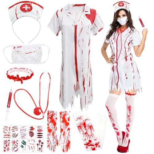 Halloween Kostüm Damen, 9 Stück Zombie Krankenschwester Kostüm, Krankenschwester Kostüm Halloween, Krankenschwesters Zombie Set, Kniestrümpfe...