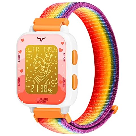 Venhoo Kids Digital Watch Outdoor Sport Woven Nylon Strap 7 Colorful LED Electrical Wrist Watches with Alarm Luminous Stopwatch for Little Girls Child-Rainbow Cover