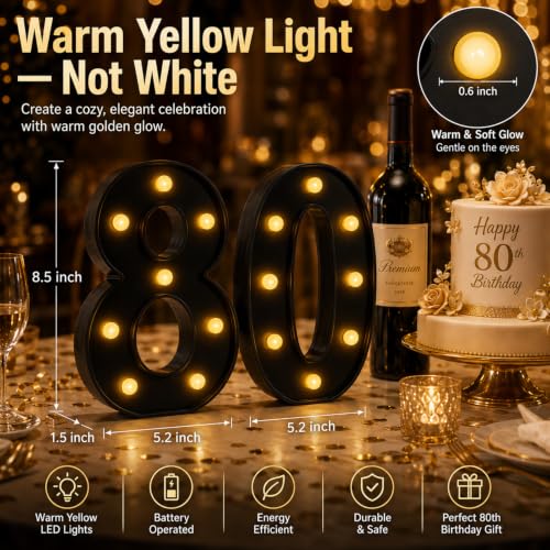 Image of 80 Light up Numbers Battery-Operated Light-Up for Party Black | 80th Birthday Decorations for Women Men Party Decoration 80th Birthday Gifts for Women