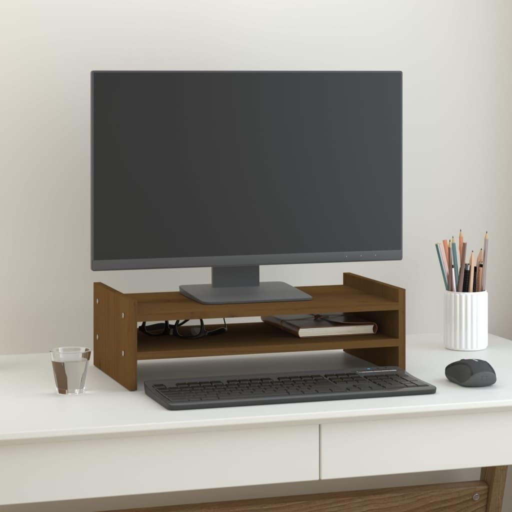 Support de moniteur en pin massif marron miel 50x27cm pour rehausser l'écran de bureau