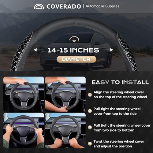 Image of Coverado Car Steering Wheel Cover, Nappa Leather Black & Grayline Steering Wheel Covers, Universal 14-15 inch, Anti-Slip, Breathable Steering Wheel Protector for Women Men