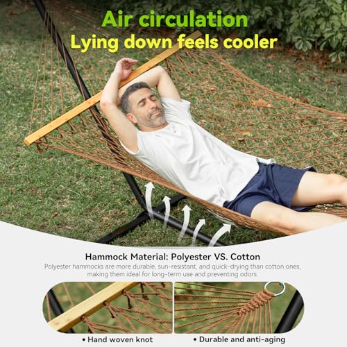 ANAGOO Double Hammock for 2 Person, Handwoven Rope Hammock with Spreader Bar - Indoor & Outdoor Use for Patio, Poolside, Backyard (Brown) by ANAGOO - Image 4