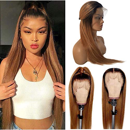 22 Inch Lace Front Wigs Honey Blonde Human Hair Lace Front Human Hair Wigs #1B30 Dark Roots Pre Plucked Hairline with Baby Hairs Glueless Free Part Wigs Medium Auburn Colored 150% Density for Women