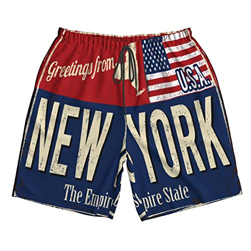 New York USA State Flag map red Blue Mens Swim Trunks Beach Shorts Summer Sports Running Bathing Suits