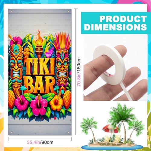 Image of BissYard Tiki Bar Door Cover 71 x 35 Inches Hawaiian Luau Door Banner Tropical Tiki Mask Pineapple Hibiscus Summer Party Front Door Decoration Indoor Outdoor Porch Island Theme Decor