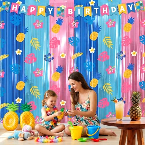 Image of Tiamon 2 Pack Cartoon Hawaiian Party Decorations 3.3 x 6.6 Ft Blue Pink Hawaiian Foil Fringe Curtains Wall Backdrop Tinsel Streamers Photo Booth for Tropical Luau Baby Shower Birthday Party Supplies