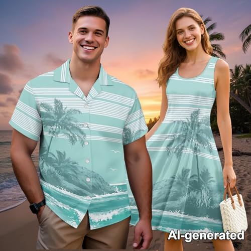 Image of Hawaii Matching Couple Outfits Husband and Wife Clothing Fashionable Mens Casual Shirts Hawaii Dress with Soft Fabric