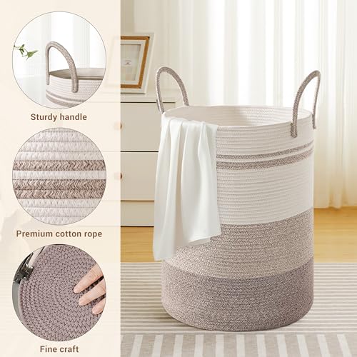 Image of 72L Large Tall Cotton Rope Laundry Basket with Handles, Brown Striped