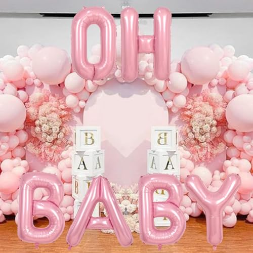 Image of 40 Inch Pastel Pink OH BABY Balloon for Baby Shower, Large Light Pink OH BABY Balloon Letters with Ribbon, Pearl Pink Alphabet Balloons Banner Sign for Girl Birthday Party Backdrop Decorations