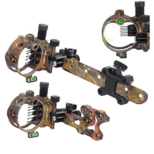 Tiro con Arco Miras para Arcos Compuestos Aleación De Aluminio De Fibra óptica 5 Pines /7Pines Ajustable Micro Arco Vista con Vista luz para Arco Compuesto (Camuflaje / Largo, 5 Pines) Cover