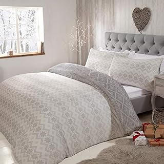 Sleepdown Fairisle Printed Flannel Fleece Abstract Stripes White Grey Reversible Duvet Cover Quilt Bedding Set with Pillowcase Super Soft Warm & Cosy - Single (135cm x 200cm)