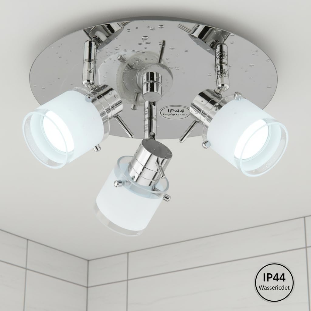 Trango 3-flammig 1006R-6KSD Rondell LED Badleuchte IP44 *RONNY* Bad Deckenleuchte - inkl. 3x 5 Watt 3-Stufen dimmbar 6000K Tageslichtweiß GU10 LED Leuchtmittel, Chrom Deckenstrahler, Spots schwenkbar