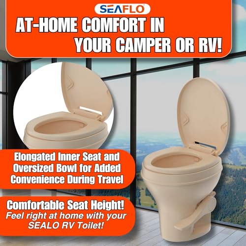 Image of SEAFLO Bone RV Toilet, Residential Height 18.4 inch, Gravity Flush Foot Pedal, Soft Close Seat, Camper Toilet for RV Motorhome Travel Trailer, Parchment, SFRTPH-02-01, 4-Year Warranty