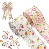 ALIBBON 2 Rolls 2.5" × 5 Yd Spring Flower Wired Edge Ribbon Rose Flower Burlap Ribbons Red Yellow Pi