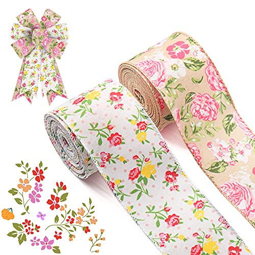 Alibbon 2 Rolls 2.5" × 5 Yd Spring Flower Wired Edge Ribbon Rose Flower Burlap Ribbons Red Yellow Pink Flower Ribbon Flower Leaves Ribbon For Spring Wreath Diy Crafting Gift Wrapping Party Decoration #TOP15