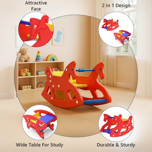 Image of Amazon Brand - Jam & Honey Roxy 2-in-1 Convertible Rocking Horse & Study Table | Kids Ride-On Toy with Ergonomic Design, Durable Plastic, BIS Certified | Indoor & Outdoor Play | 2-6 Years
