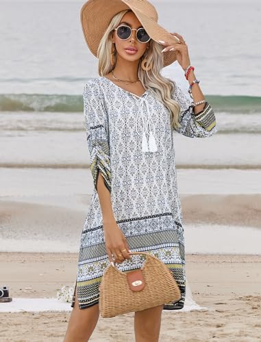 HOTOUCH Women Casual Beach Summer Dress Boho Tassel Tie Neck 3/4 Long Sleeve Short Floral Print Flowy Cover Up Sundresses4