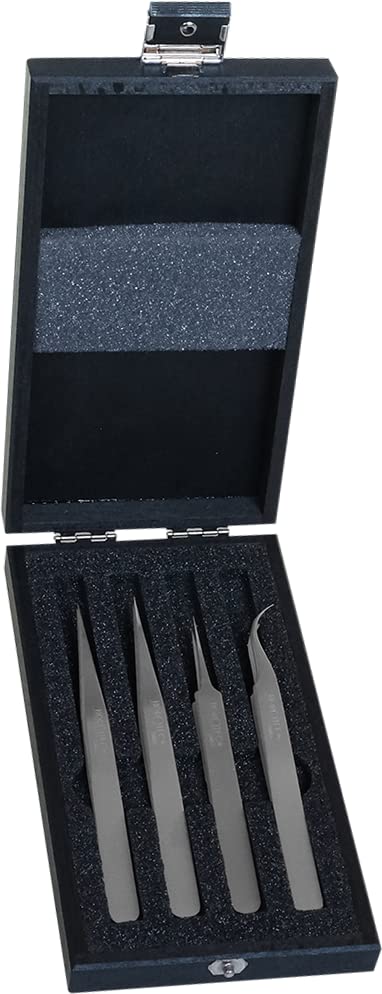 Horotec MSA12.382 - Assortimento di 4 pinzette (n. 1-3-5-7) in acciaio 100% antimagnetico. Fornito in scatola di legno.