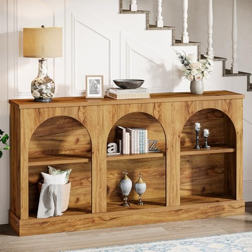 Image of Tribesigns Farmhouse Console Table, 63-Inch Long 3-Tier Entryway Table with Storage, Wooden Rectangular Sofa Table Behind The Couch for Entrance, Hallway, Living Room, Natural Wood