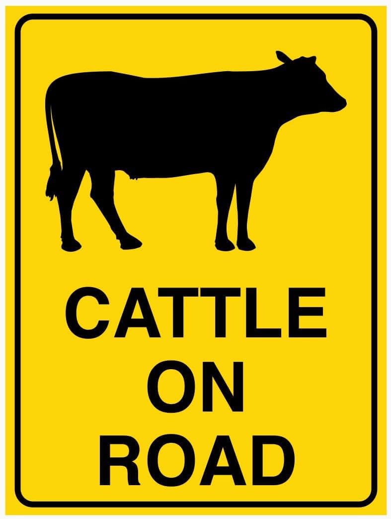 Cattle ON Road Rust Free Aluminum Tin Sign - Road Safety Decor with Pre-Drilled Holes for Industrial/Commercial Rural Road - 12x8 Inch​