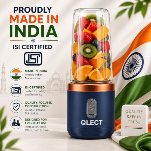Image of QLECT Portable Blender for Smoothies & Juices | 400ml Personal Juicer Mixer Grinder | 1500mAh USB Rechargeable Battery | 2 Jars | Stainless Steel Blades | ISI Certified | Made in India(Blue)