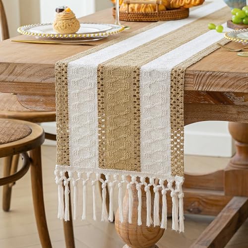 Image of FEXIA Boho Table Runner with Tassels for Home Decor Farmhouse Rustic Table Runner Macrame Burlap Woven Dinning Decoration for Living Room Bridal Shower Independence Day Decorations(12x72 Inches)