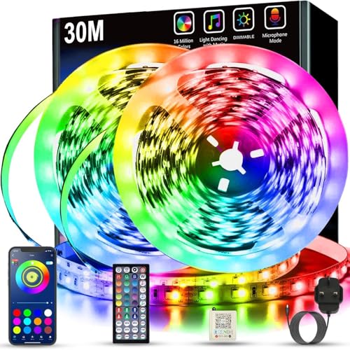 Keepsmile Led Strip Lights 30M(2 Rolls of 15M) with Music Sync Bluetooth Smart App Control Color Changing Indoor Led Light Strips with Remote Flexible Lights for Bedroom Home Party Christmas Decor