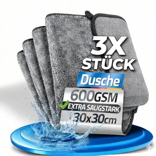 Kemes Mikrofasertücher 3 Stück Auto Doppelseitg mit 600GSM Trockentuch Premium Autotuch zum trocknen Saugstark und Steifenfrei Microfaser KFZ Autopflege | 30x30cm
