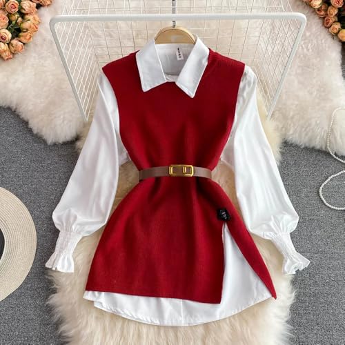 LIXINGHEITANG Spring and Casual Medium Long Waist Wool Dress Plaid Shirt Sweater Vest Women's Suit Knitted Two-piece Sets3