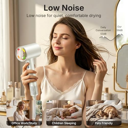 Image of High-Speed Hair Dryer with Diffuser, Ionic Blow Dryer, White | 160,000 RPM Brushless Motor, 500 Million Negative Ions, Prevents Overheating, 59dB Low Noise, For Curly Hair, Travel Compact