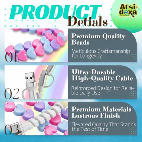 Image of 4-in-1 Beaded Charging Cable, MFi Certified, Works with CarPlay, 3.3FT 60W Fast Charger Cord for iPhone 17 /16 /15 /14 /13 /12 /11, iPad, Samsung, Android and More (Sweethearts)