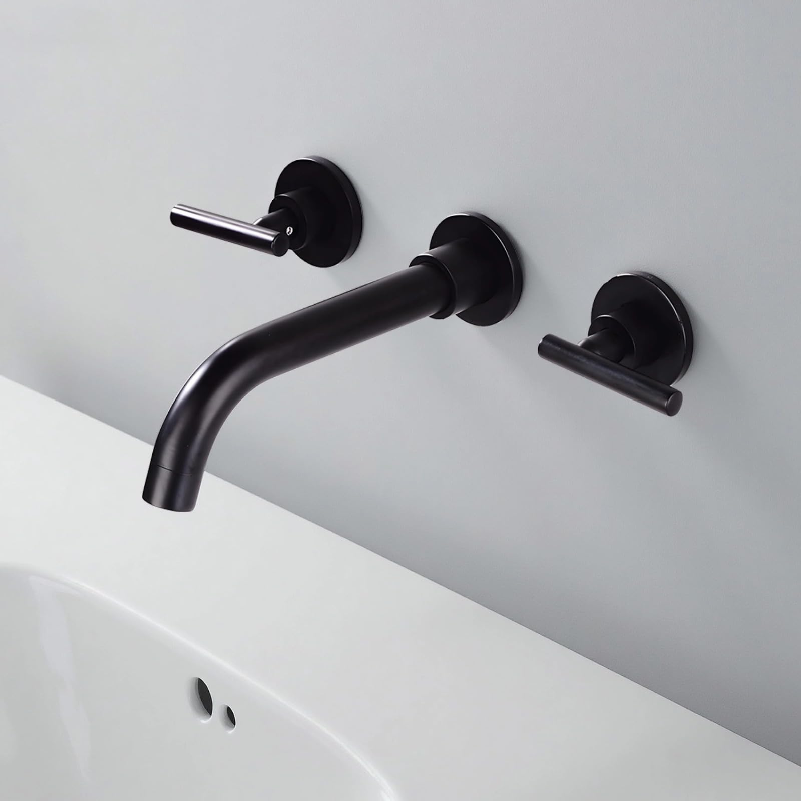 Grifo de baño de montaje en pared negro, grifo de 3 agujeros con dos asas, grifo de latón negro mate, diseño de doble asa, 26 x 21 x 7 cm