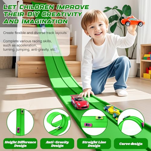 Image of Flexible Race Car Track 15 Ft Starter Set with Suction Cups Compatible with and Diecast 1 /64th Car for Ages 3 & Up Classic Green Double Track Long Rolls Up Portable Racetrack Birthday Gifts