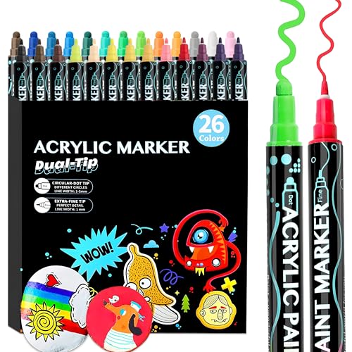 26 Colors Dual Tip Acrylic Paint Pens Markers, Dot & Fine Tip Premium Coloring Drawing Markers Set for Wood, Rock Painting, Canvas, Glass, Ceramic Surfaces and DIY Crafts Making Art Supplies