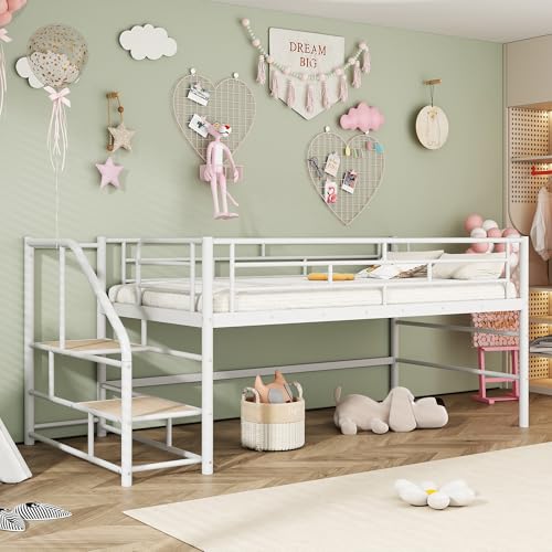 SOFTSEA Twin Size Low Loft Bed with Stairs, Metal Loft Bed Twin with Storage for Kids, White
