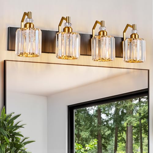 Image of 4 Light Bathroom Vanity Light Modern Black Gold Vanity Light Bathroom Light Fixtures Over Mirror Crystal Vanity Lighting Fixtures