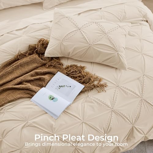 Image of Sasttie Queen Comforter Set, 7-Piece Bed in a Bag, Pintuck Bedding Sets for All Season, Includes Comforter, Flat Sheet, Fitted Sheet, Pillowcases and Pillowshams, Warm Beige