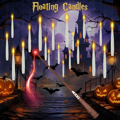 Image of Halloween Decoration, Floating Candles with Wand, 10 PCs Flameless Magic Hanging Candles with 11 AAA Battery, Flickering Warm Light Floating LED Candle Taper Candle Set Birthday, Xmas Gift