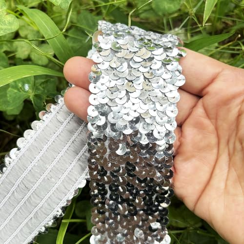 Length 5Yards，Wide 1.9 Inch Silver Elastic Sequin Ribbon Trim for Sewing Dress Dance Costumes Headband (Silver) by VOOMOLOVE - Image 3