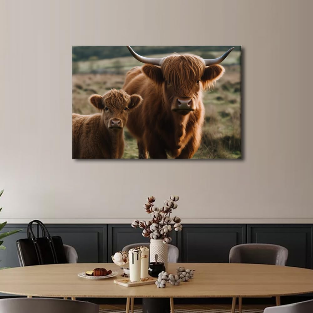 Highland Cow and Calf in Field Picture Poster Canvas Wall Art Livestock Animal Portrait Painting Prints Animal Poster Rustic Yak Artwork Farmhouse Home Living Room Bedroom Decoration 1Pcs(16"Wx24"H) - Image 2