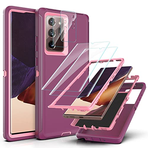 YmhxcY Hülle für Galaxy Note 20 Ultra mit 2-teiligem Hydrogel-Film und 2-teiligem Kameraobjektiv-Schutzfilm,3-in-1 Anti-Drop-Schutzhülle für Samsung Galaxy Note 20 Ultra-Wein Rot/Rose Rosa