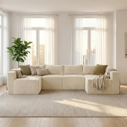 Image of Claiks 128 inch Modular Boneless Couch, Sectional Couches for Living Room, Modern Cloud Sofa with Double Chaise, No Assembly Required, Beige