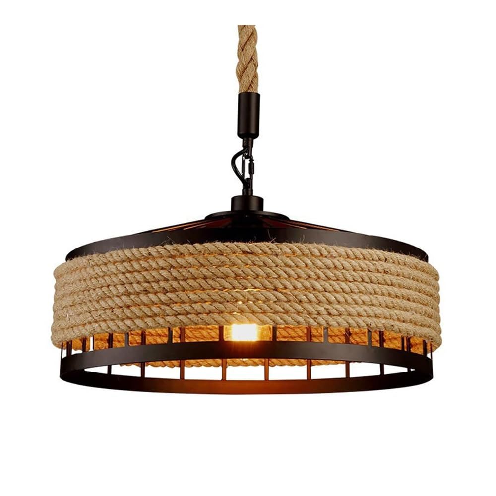 Lustre corde de chanvre industriel 40cm plafonnier rétro rond pour cuisine et couloir style ferme
