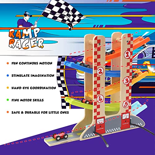 Bedmoimo Wooden Car Ramp Vehicle Toy Playsets For 1 2 3 4 5+ Year Old Baby Gifts, Montessori Toddler Adventure Toys With 5 Mini Cars, Car Race Tracks Games For Age 1+ Toddler Boys Girls Gift Toys #TOP4