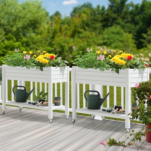 YITAHOME 43.3x17.7x34 in Elevated Garden Bed 2pcs, Outdoor Plastic Planter Box with Wheels, Legs, Drain Plug, and Storage Shelf for Plants, Vegetables, Flowers, Herbs, Grayish-White by YITAHOME - Image 2